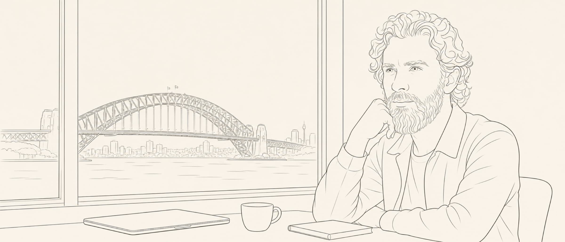 Daniel Drakopoulos at a harbour-side desk — line drawing