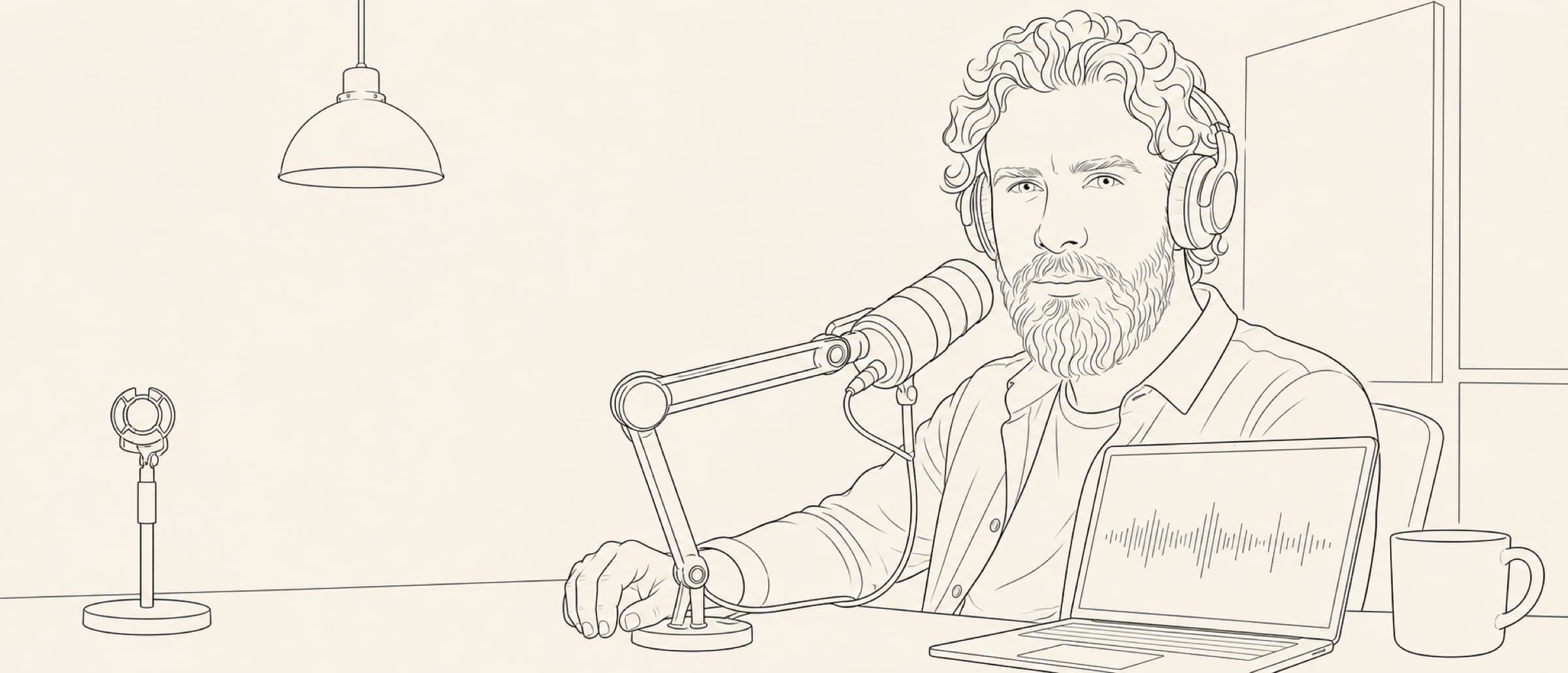 Daniel Drakopoulos at the microphone — line drawing